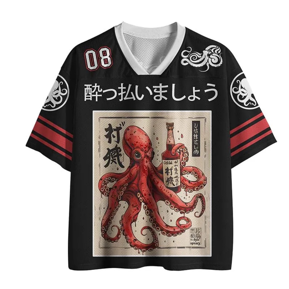 Men'S Fashion V Neck T Shirts - Octopus Sake Bar Ukiyo-e Retro 3D