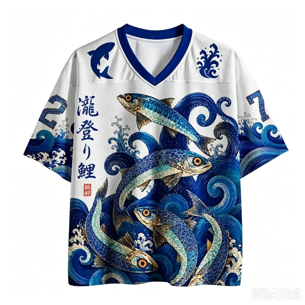Men'S Fashion V Neck T Shirts - Y2K Koi Fish and Wave Patterns