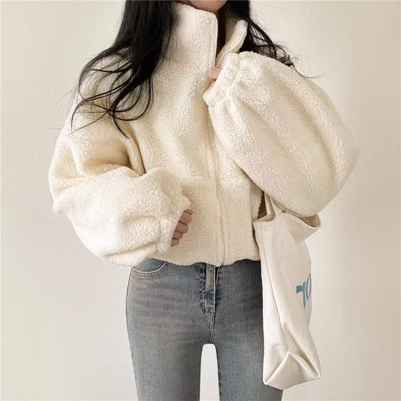 Sherpa Jacket Fleece - Women Stand Collar Cropped Zip Up